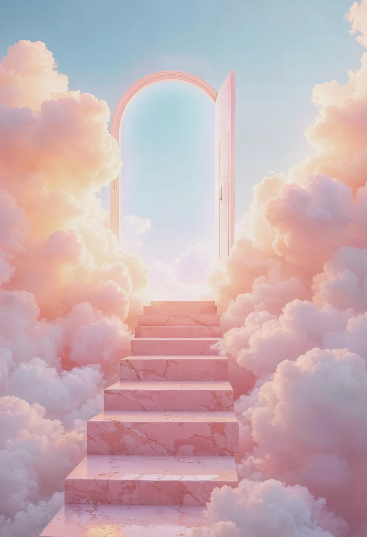 A staircase rising through pink clouds